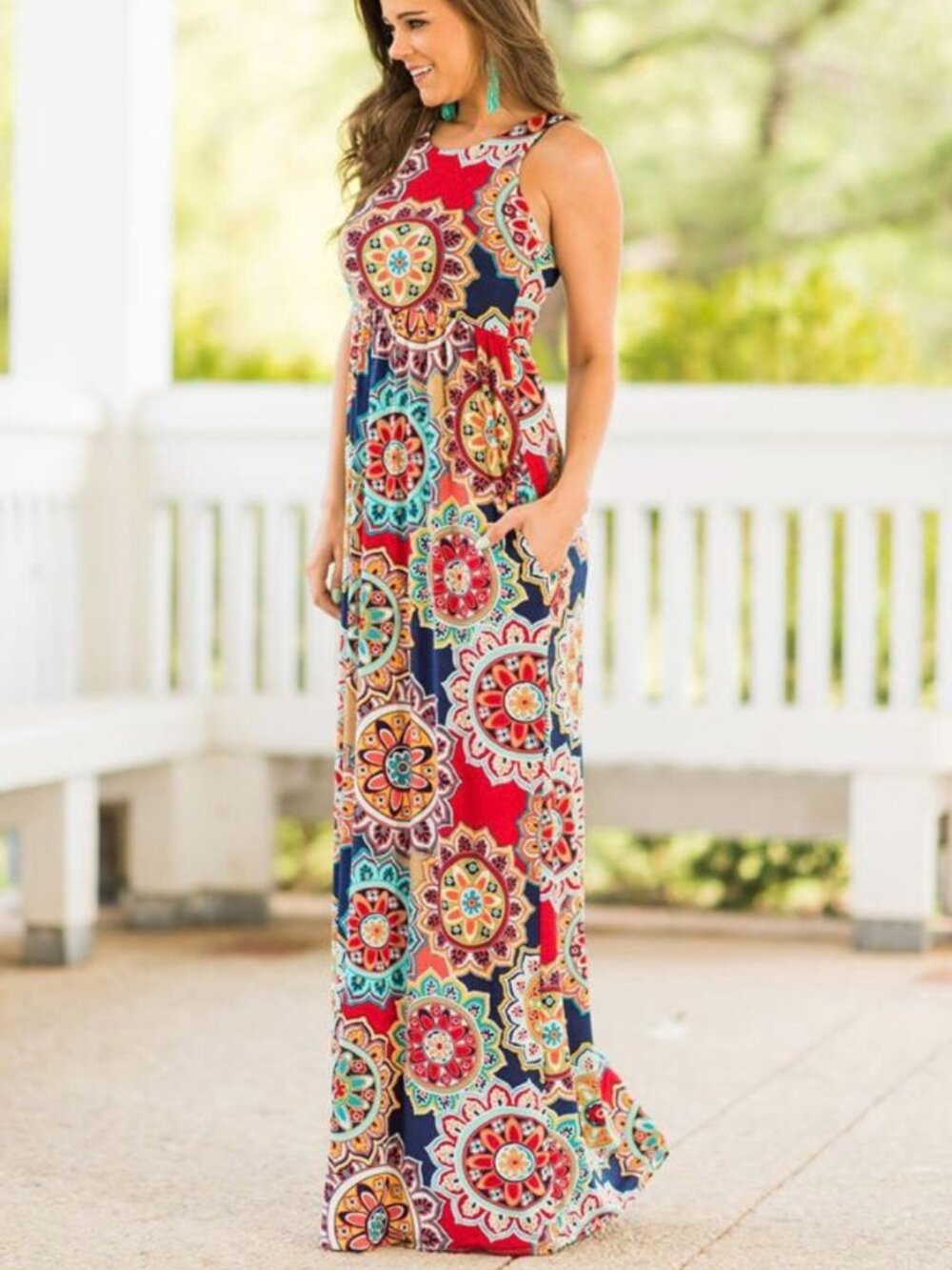 Grecerelle Women's Sleeveless Maxi Tank Dress High-waisted Bohemian Size M